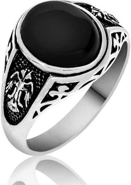 Gümüş Siyah Çift Başlı Kartal Erkek Yüzük