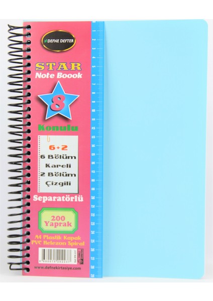 Star Spiralli A4 Plastik Kapak Ayraçlı Defter 6 Kareli+2 Çizgili 200 Yaprak