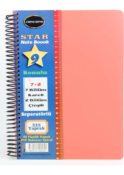 Star Spiralli A4 Plastik Kapak Ayraçlı Defter 7 Kareli+2 Çizgili 225 Yaprak