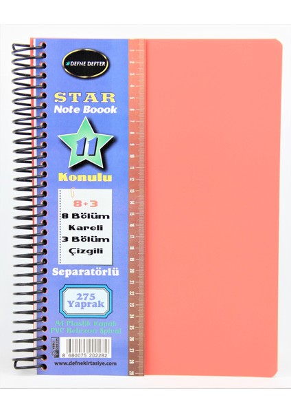 Star Spiralli A4 Plastik Kapak Ayraçlı Defter 8 Kareli+3 Çizgili 275 Yaprak