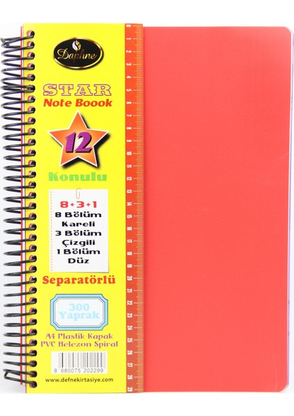 Star Spiralli A4 Plastik Kapak Ayraçlı Defter 8 Kareli+3 Çizgili+1 Düz 300 Yaprak