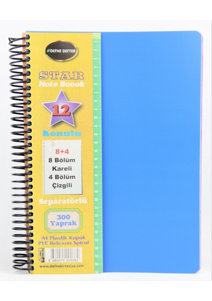 Star Spiralli A4 Plastik Kapak Ayraçlı Defter 8 Kareli+4 Çizgili 300 Yaprak