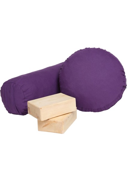 Meditasyon Minderi + Bolster Minderi 2'li Set Duck Kumaş + 2'li Ahşap Yoga Blok