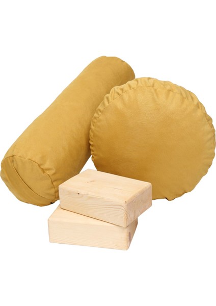 Meditasyon Minderi + Bolster Minderi 2'li Set Tay Taüyü Pamuklu Kumaş + 2'li Ahşap Yoga Blok