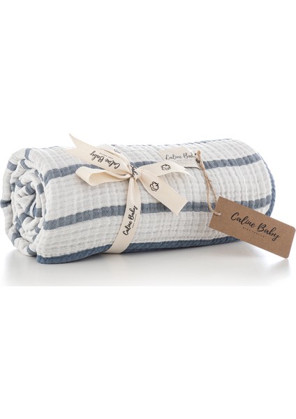 4 Katlı Premium %100 Pamuk Müslin Battaniye| 120x120 cm | Navy Çizgili