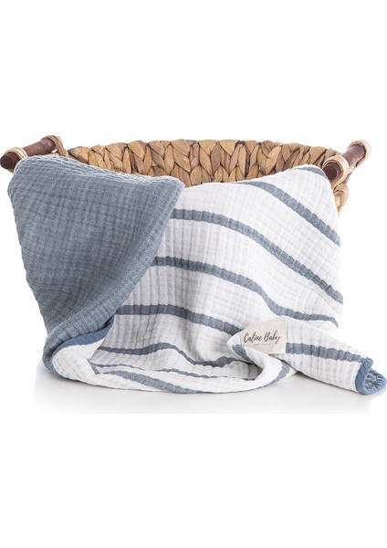 4 Katlı Premium %100 Pamuk Müslin Battaniye| 120x120 cm | Navy Çizgili fiyatları