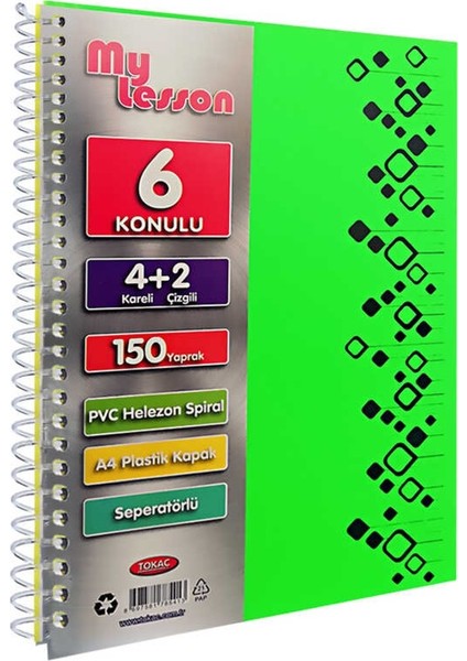 My Lesson A4 Plastik Kapaklı Defter 6 Konulu 4 Kareli + 2 Çizgili 150 Yaprak Açık Yeşil