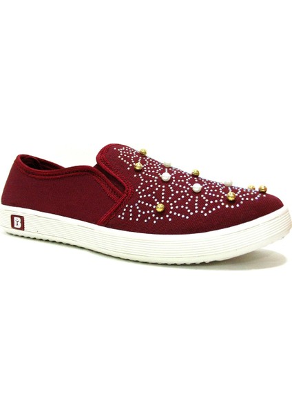400 Bordo Boncuklu Bağcıksız Anatomik Sneakers