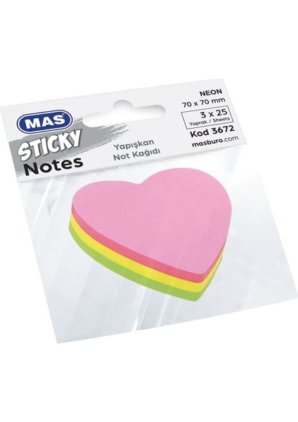 Mas 3672 Yapışkanlı Kalp Şekilli Not Kağıdı 70 x 70 75 Sf.neon Renk