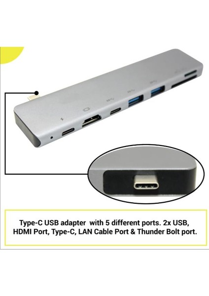 USB Type-C 7 In 1 Kart Okuyucu Dönüştürücü Adaptör 7 Port