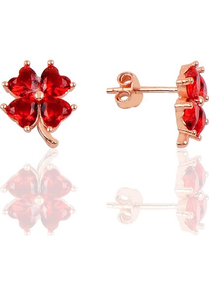 Söğütlü Si̇lver Gümüş Yonca Modeli Lal Renk Taşlı Küpe