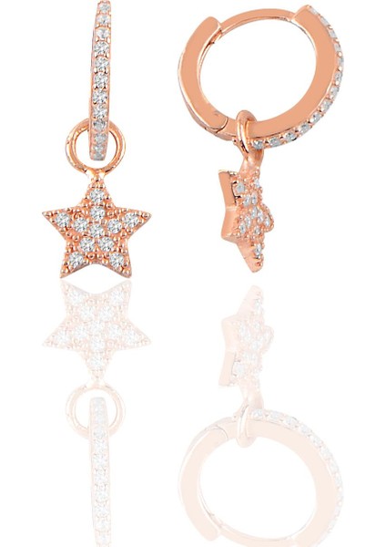 Söğütlü Si̇lver Gümüş Rose Yıldız Modeli Taşlı Halka Küpe