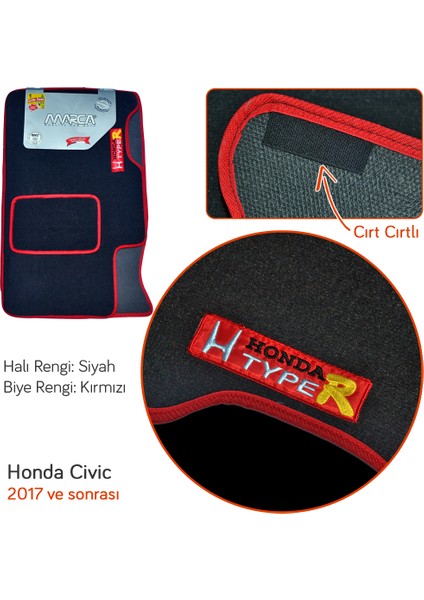 Honda Civic 2017- Siyah Halı Paspas (Biye Kırmızı)