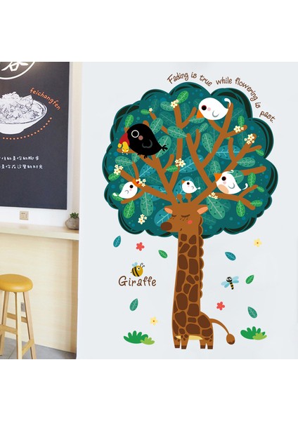 Zürafa Ağaç ve Kuşlar Bebek ve Çocuk Odası Dekorasyonu Duvar Sticker Duvar Süsü