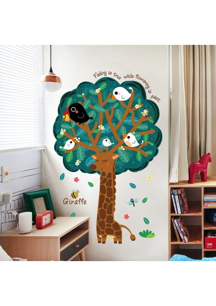 Zürafa Ağaç ve Kuşlar Bebek ve Çocuk Odası Dekorasyonu Duvar Sticker Duvar Süsü