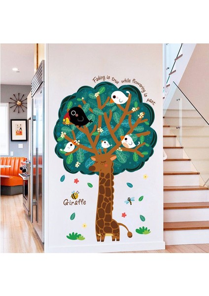 Zürafa Ağaç ve Kuşlar Bebek ve Çocuk Odası Dekorasyonu Duvar Sticker Duvar Süsü