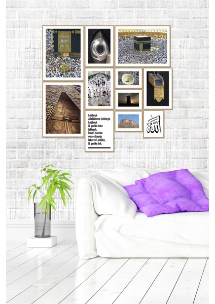 Altın Rengi Çerçeve Görünümlü 11 Parça Mdf Tablo Seti - Mekke Temalı