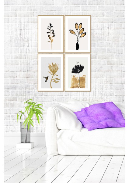 Altın Rengi Çerçeve Görünümlü 4 Parça Mdf Tablo Seti