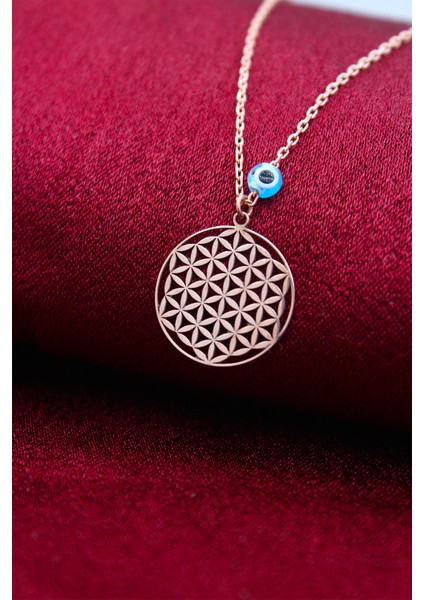 Gümüş Rose Nazar Boncuklu Yaşam Çiçeği Kolye