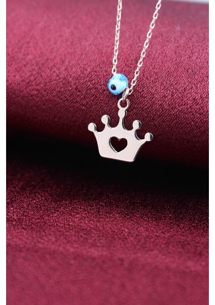 Gümüş Rose Nazar Boncuklu Kalpli Taç Kolye