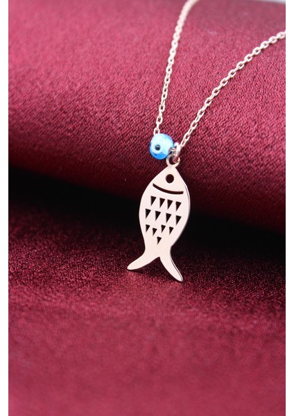 Gümüş Rose Nazar Boncuklu Desenli Balık Kolye