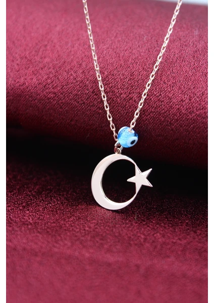 Silver & Silver Gümüş Rose Nazar Boncuklu Ay Yıldız Kolye