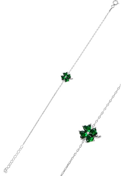 Gümüş Zümrüt Taş Rengi Yonca Modeli Bileklik