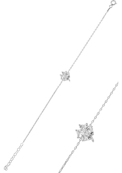 Gümüş Zirkon Taşlı Yonca Modeli Bileklik