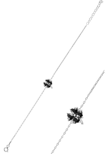 Gümüş Siyah Taş Yonca Modeli Bileklik