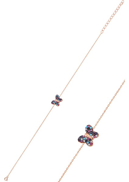 Gümüş Rose Renkli Taşlı Kelebek Bileklik