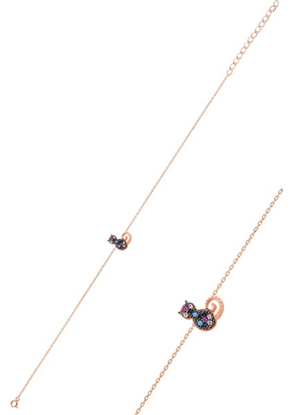 Gümüş Rose Renkli Taşlı Kedi Bileklik