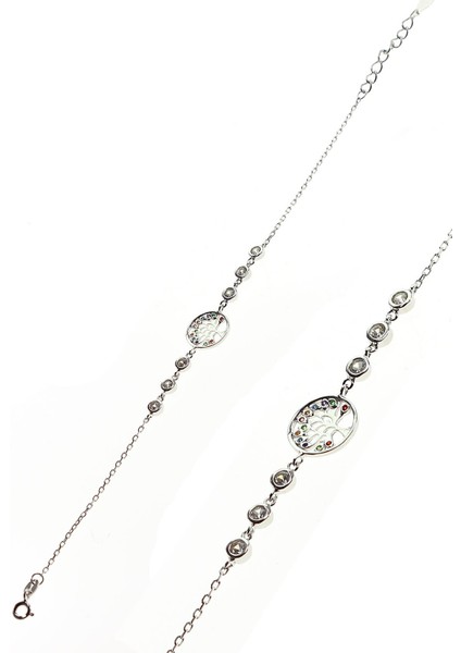 Gümüş Renkli Taşlı Hayat Ağaçı Bileklik