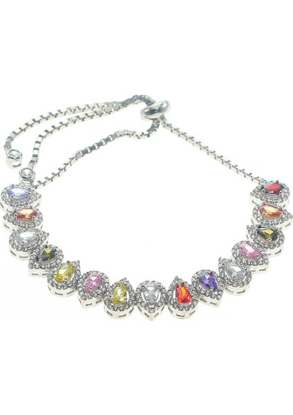 Gümüş Rekli Damla Taşlı Asansörlü Bileklik