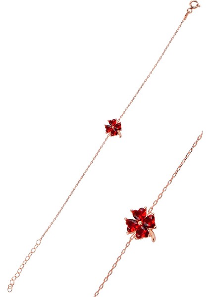 Gümüş Lal Renk Taşlı Yonca Modeli Bileklik