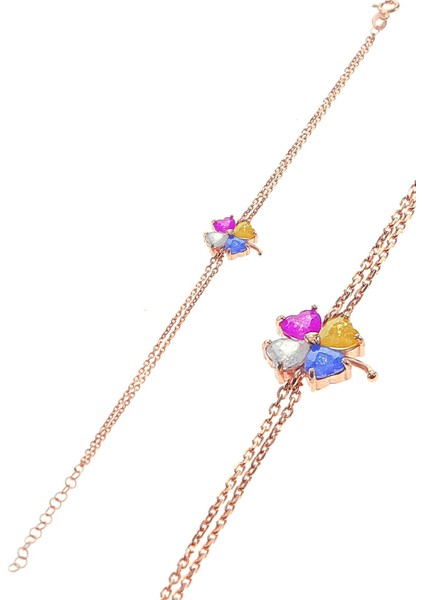 Gümüş Kristalize Renkli Taşlı Yonca Billeklik