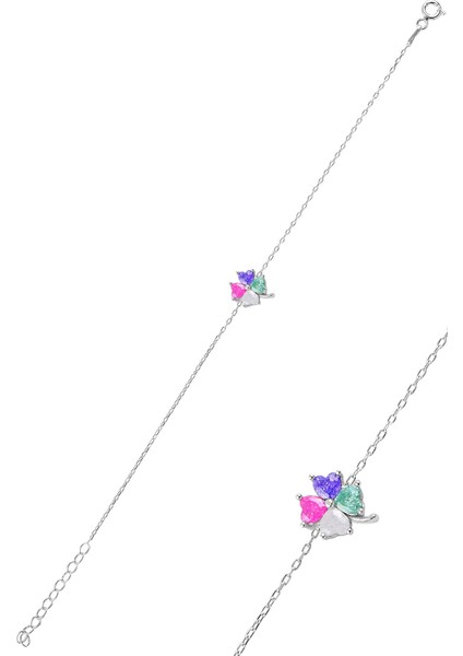 Gümüş Kristalize Renkli Taş Yonca Modeli Bileklik