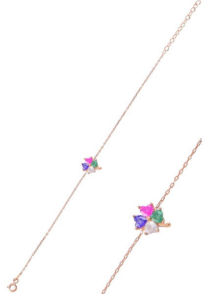 Gümüş Kristalize Renkli Taş Yonca Modeli Bileklik