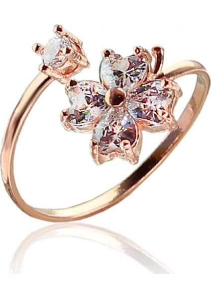 Gümüş Zirkon Taşlı Yonca Modeli Ayarlamalı Yüzük