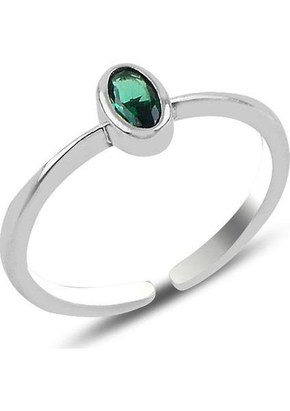 Gümüş Rodyumlu Yeşil Taşlı Ayarlamalı Yüzük