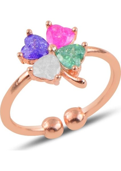 Gümüş Renkli Kristalize Taşlı Ayarlamalı Yonca Modeli Yüzük