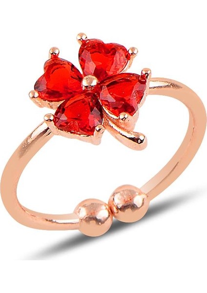 Gümüş Lal Renk Taşlı Ayarlamalı Yonca Modeli Yüzük