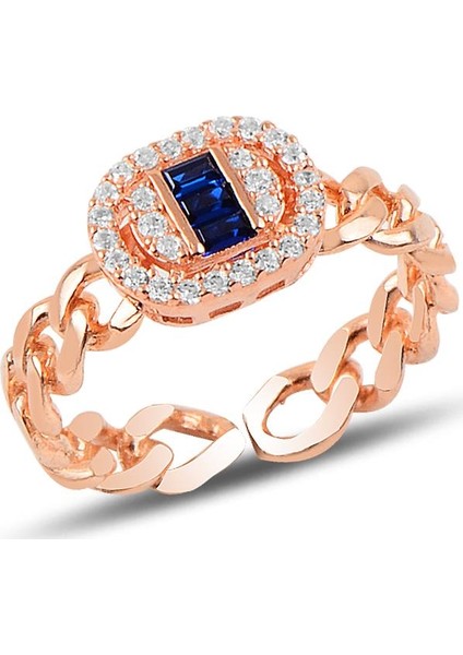 Gümüş Ayarlamalı Baget Safir Taşlı Zincir Modeli Yüzük