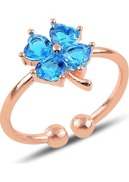 Gümüş Akuamarin Renk Taşlı Ayarlamalı Yonca Modeli Yüzük