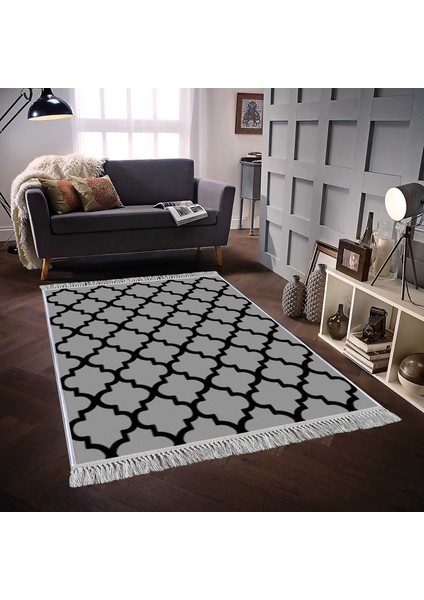 Dekoratif Özel Tasarım Pamuklu Dokuma Taban Yumuşak Dokulu Halı Siyah - Bej 80 x 120 cm
