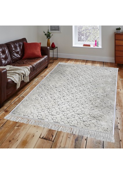 Dekoratif Özel Tasarım Pamuklu Dokuma Taban Yumuşak Dokulu Halı Gri - Bej 80 x 120 cm
