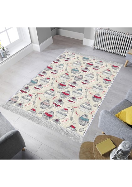 Dekoratif Özel Tasarım Pamuklu Dokuma Taban Yumuşak Dokulu Halı Bej - Beyaz 80 x 150 cm