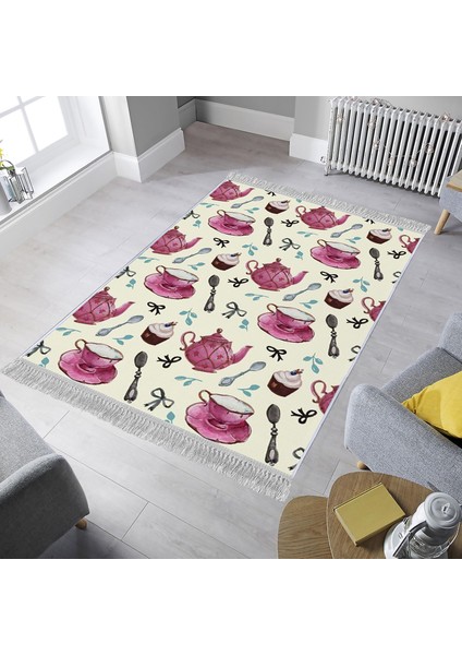 Dekoratif Özel Tasarım Pamuklu Dokuma Taban Yumuşak Dokulu Halı Pembe - Beyaz 80 x 120 cm