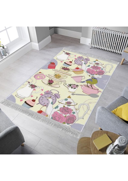 Dekoratif Özel Tasarım Pamuklu Dokuma Taban Yumuşak Dokulu Halı Pembe - Beyaz 80 x 120 cm