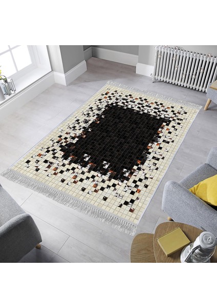 Dekoratif Özel Tasarım Pamuklu Dokuma Taban Yumuşak Dokulu Halı Siyah 80 x 120 cm