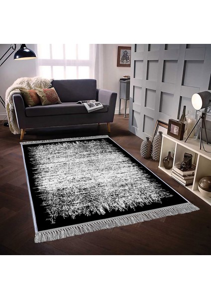 Dekoratif Özel Tasarım Pamuklu Dokuma Taban Yumuşak Dokulu Halı Siyah - Beyaz 80 x 150 cm